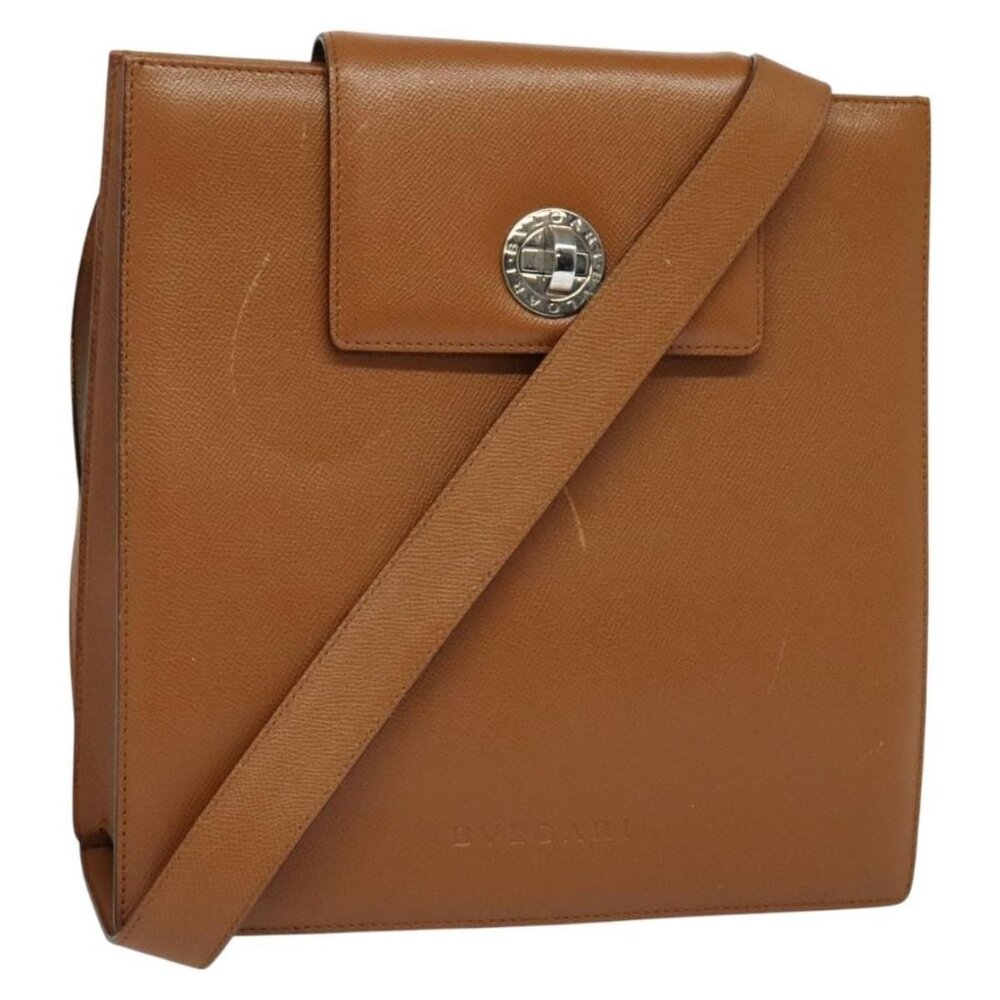 Authentic BVLGARI Shoulder Bag Leather Brown Silver
